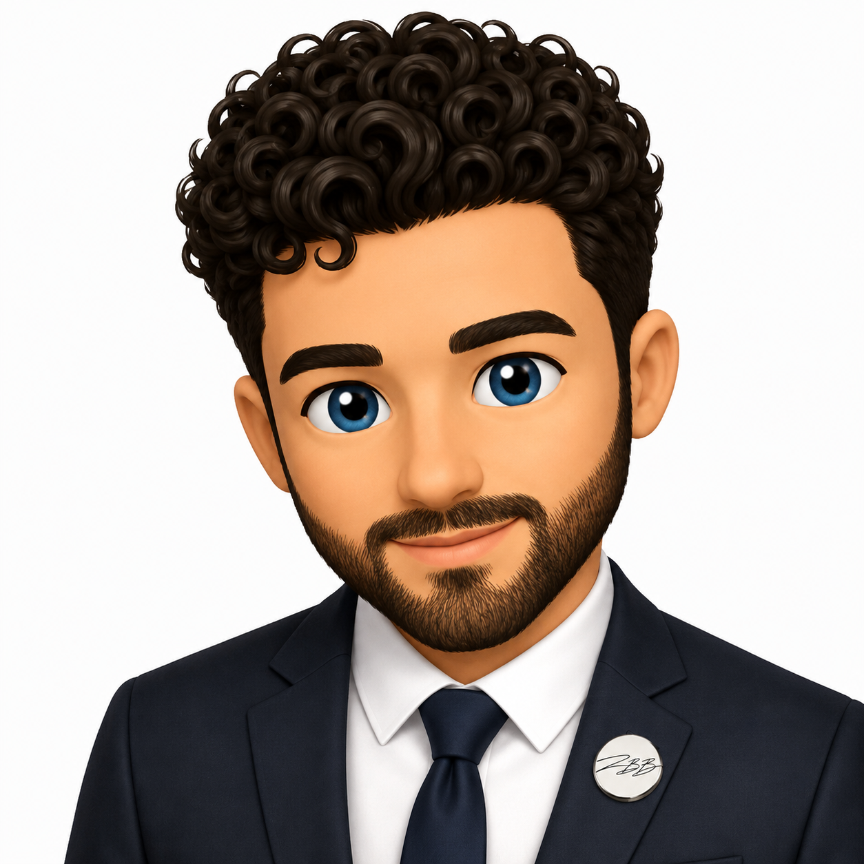Illustrated portrait of Zach in a navy suit